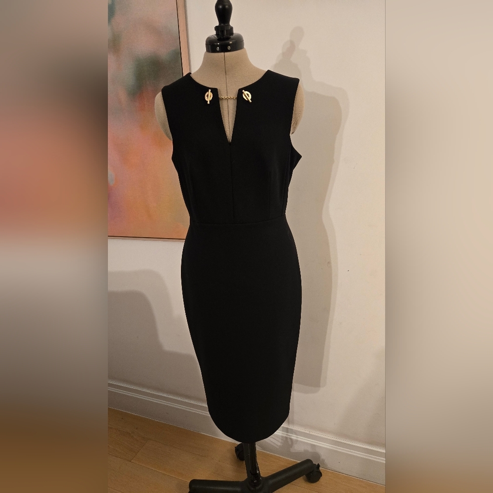 Calvin Klein Black Sleeveless Sheath Dress Deep V with Gold Detail